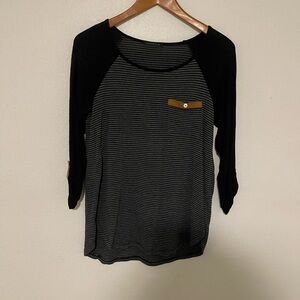 Staccato Black Raglan Striped Pocket Tee with Tan Accent